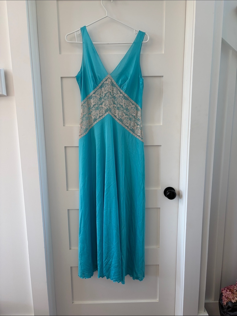Turquoise Slip Dress with off  White Lace Waist Detail​